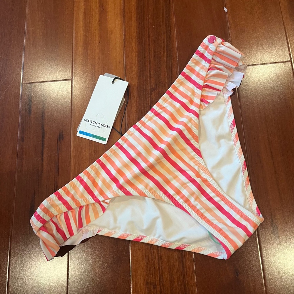 Scotch Soda Stripe Bikini Bottom Orange Pink Ruffle Swim New Size Large